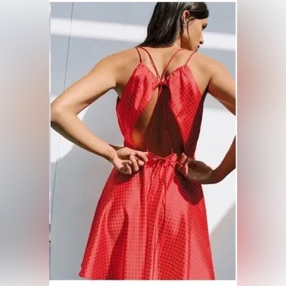 Zara red black polka dot satin silk effect open back mini flare dress size small - Picture 5 of 8